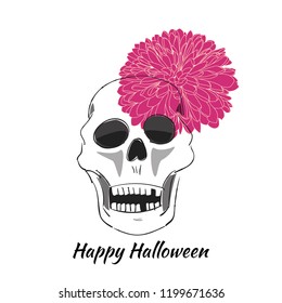 Skull with flower. Hand drawn vector illustration. Happy Halloween.