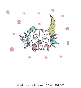 skull with flower and leaf ornaments - vector illustration