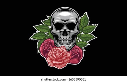Skull with flower, leaves vector illustration isolated on black background
