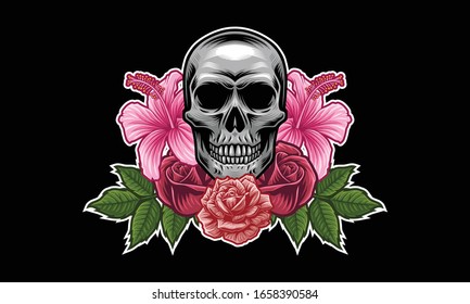 Skull with flower, leaves vector illustration isolated on black background