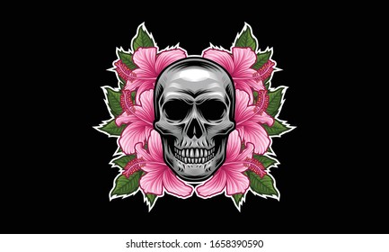 Skull with flower, leaves vector illustration isolated on black background