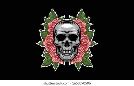 Skull with flower, leaves vector illustration isolated on black background