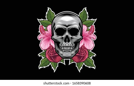 Skull with flower, leaves vector illustration isolated on black background