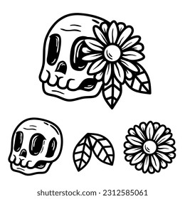 
skull and flower outline.vector sketch illustration.white background