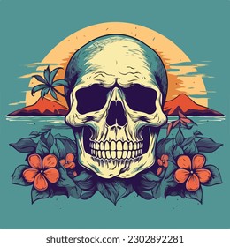 skull flower and palm tree tropical scene summer vintage retro logo badge vector illustration