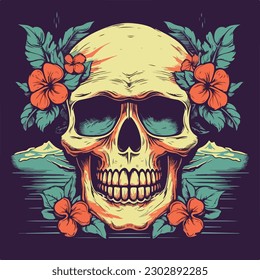 skull flower and palm tree tropical scene summer vintage retro logo badge vector illustration