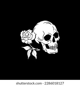 A skull and a flower are shown on a black background.