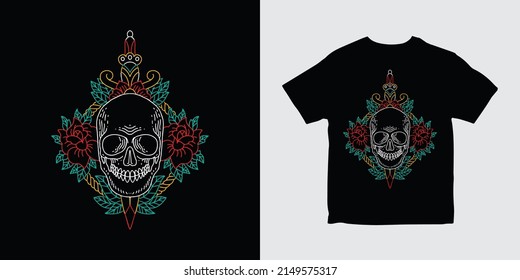 skull with flower and sword illustration tshirt design