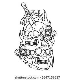 ilustração de tatuagem de crânio e flor com adaga de borda horus