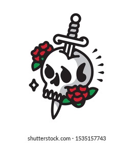 Skull Flower Tattoo Line Graphic Illustration Vector Art T-shirt Design