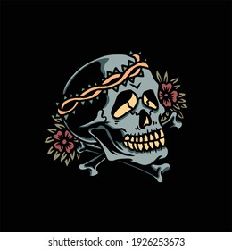 skull and flower tattoo vector design