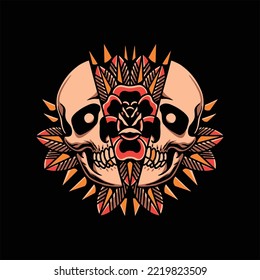 skull and flower tattoo vector design