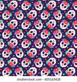 Skull with flower wreath and flowers. Seamless pattern with flat design of skulls on the dark background. Vector illustration