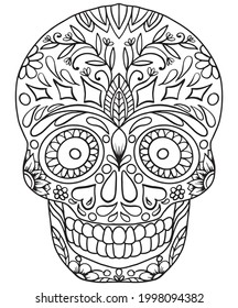Skull with flowers and abstract figures drawn on a white background for coloring, vector, Day of the Dead, Mexican Festival.