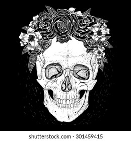 Skull with flowers .Black background.