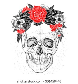Skull with flowers .Black background.