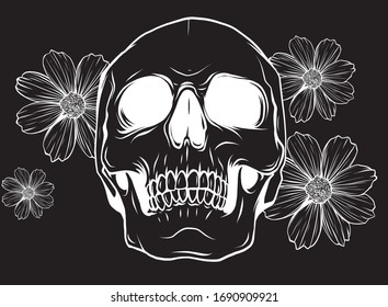 Skull and Flowers in black background, Vector illustration