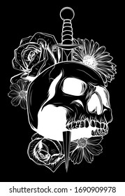 Skull and Flowers in black background, Vector illustration