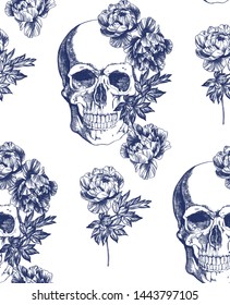 Skull with flowers. Blue on a white background. Typographic graphic print, trendy pattern for fabric, packaging, wallpaper.