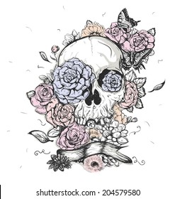 Skull and flowers butterflies vector illustration Day of the Dead