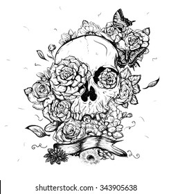 Skull and flowers butterflies vector illustration Day of the Dead