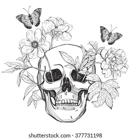 Skull, flowers and butterfly.  Tattoo art, coloring books. Hand drawn vintage vector illustration Isolated on white background.