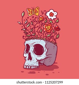 Skull with flowers and a butterfly vector illustration. Skull, bones, death, nature, imagination design concept