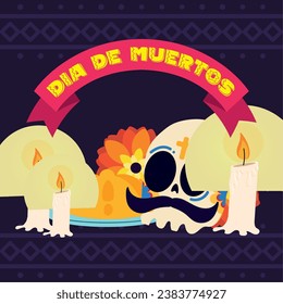 Skull with flowers and candles dia de los muertos poster Vector