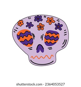 Skull with flowers. Colorful Mexican skull. Day of the Dead. Cartoon vector illustration with Halloween elements. 