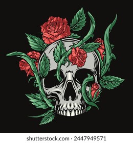 Skull with flowers colorful sticker with dead man head with terrifying roses sprouting from eyes vector illustration