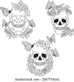Skull and flowers coloring page, Line art skull and butterflies, Happy Halloween coloring page
