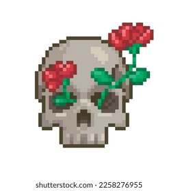 Skull with flowers coming out of it, pixel art nature