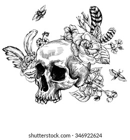 Skull and Flowers Day of The Dead, Black and white Vector illustration, tattoo design