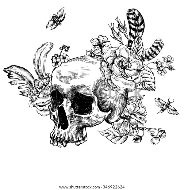 死者の頭蓋骨と花の日 白黒のベクターイラスト タトゥーデザイン のベクター画像素材 ロイヤリティフリー