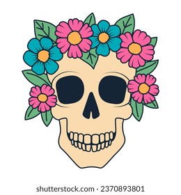 Skull with flowers. Day of the Dead Skull, Dia de los Muertos. Template for halloween greeting card, invitation, poster, banner. Isolated vector illustration