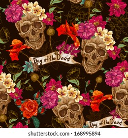 Skull and Flowers Day of The Dead Seamless Background