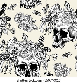 Skull and Flowers Day of The Dead Seamless Pattern, Black and white Vector illustration, tattoo design