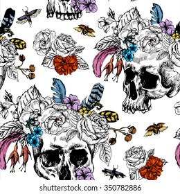 Skull and Flowers Day of The Dead Seamless Pattern, Black and white Vector illustration, tattoo design Tattoo vector roses pattern, tattoo floral human skull pattern