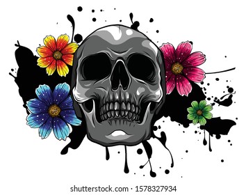 Skull and Flowers Day of The Dead, Vintage Vector illustration