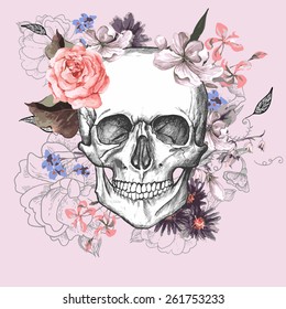 Skull and Flowers Day of The Dead, Vintage Vector illustration