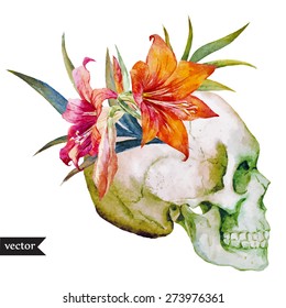 Skull and Flowers Day of The Dead, Vintage Vector illustration