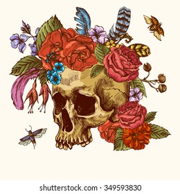 Skull and Flowers Day of The Dead, Vintage Vector illustration, tattoo design