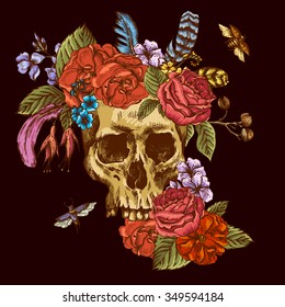 Skull and Flowers Day of The Dead, Vintage Vector illustration, tattoo design