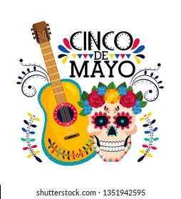 skull with flowers decoration and mexican guitar