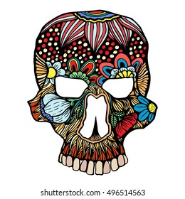 Skull flowers decoration. Vector illustration. Freehand sketch for adult anti stress coloring page with doodle elements. Ethnic ornamental patterned vector illustration for tattoo, t-shirt or prints