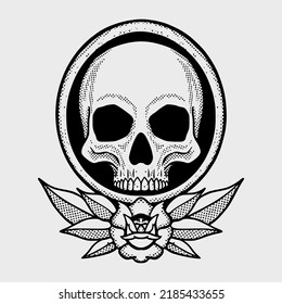 Skull flowers doodle black and white illustration hand drawn vector 