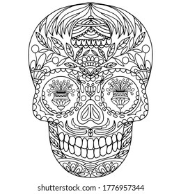 skull with flowers drawn in folk style on a white background for coloring, vector
