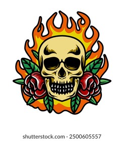 Skull with flowers and flames vintage design for apparel or tattoo, bone tattoo design 