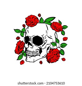 Skull and flowers. Hand drawing Skeleton and roses. Death Vector illustration