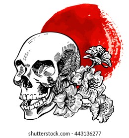 Skull and flowers hand drawing sketch on watercolor spot.  de Muertos. Day of the Dead. Vector illustration. 